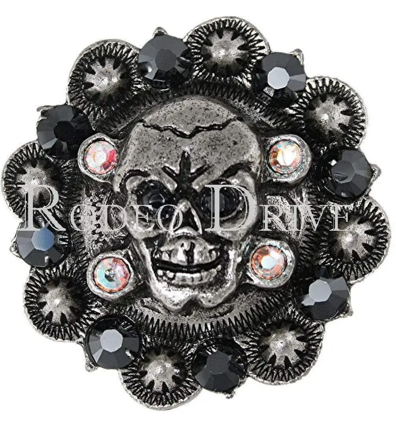 Jet & Ab Antique Silver 1.75" Skull European Crystal Concho 1