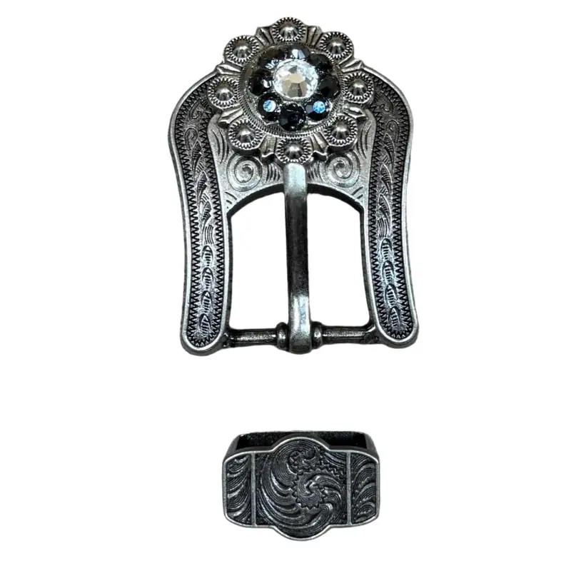 Jet & Clear Antique Silver Buckle Keeper European Crystal Concho 1