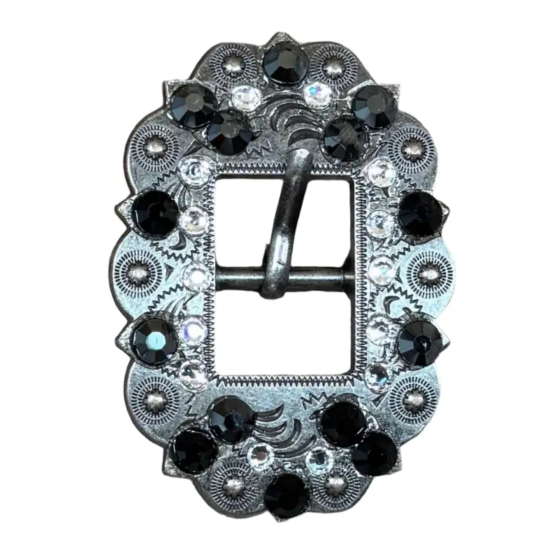 Jet & Clear Antique Silver Cart Buckle European Crystal Concho 1