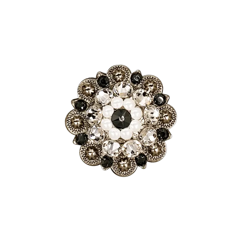 Jet, Pearl & Clear Antique Silver 1.5" European Crystal Concho 1