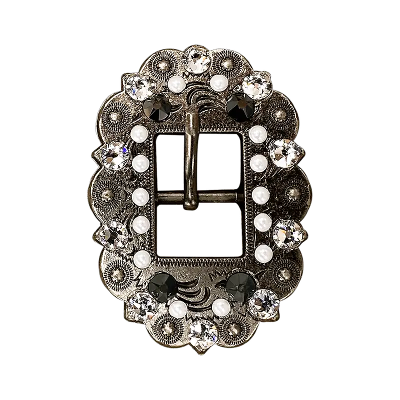 Jet, Pearl & Clear Antique Silver European Crystal Cart Buckle 1