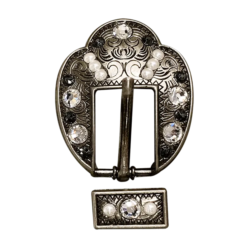 Jet, Pearl & Clear Antique Silver European Crystal Fancy Buckle 1