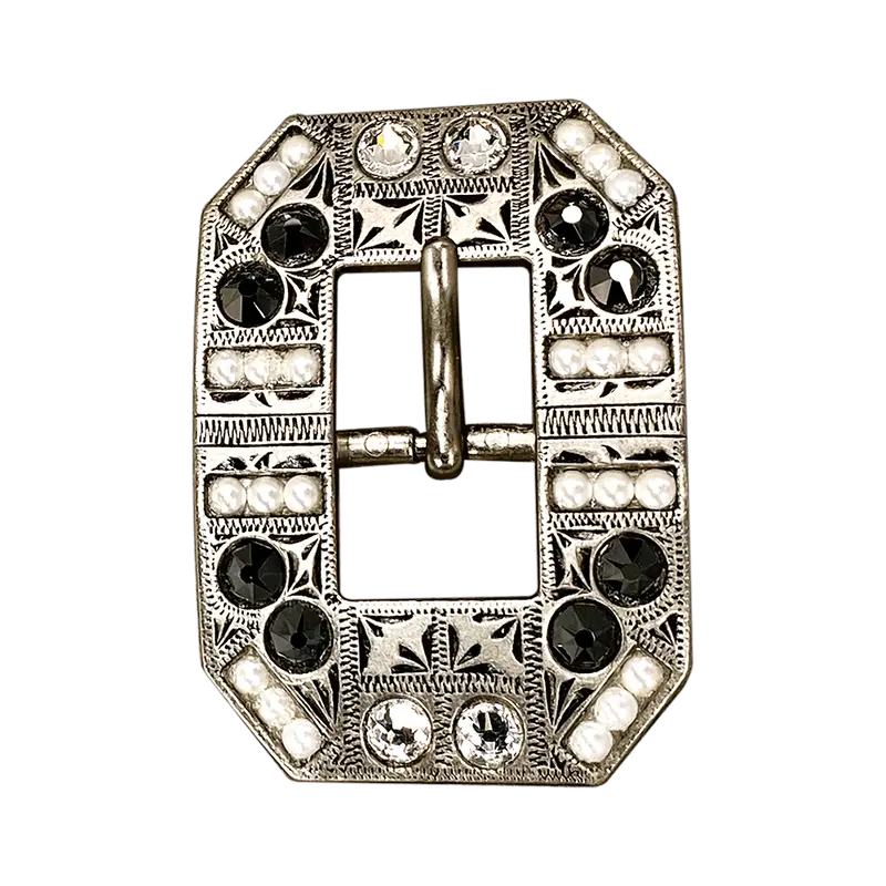 Jet, Pearl & Clear Antique Silver European Crystal Square Cart Buckle 1