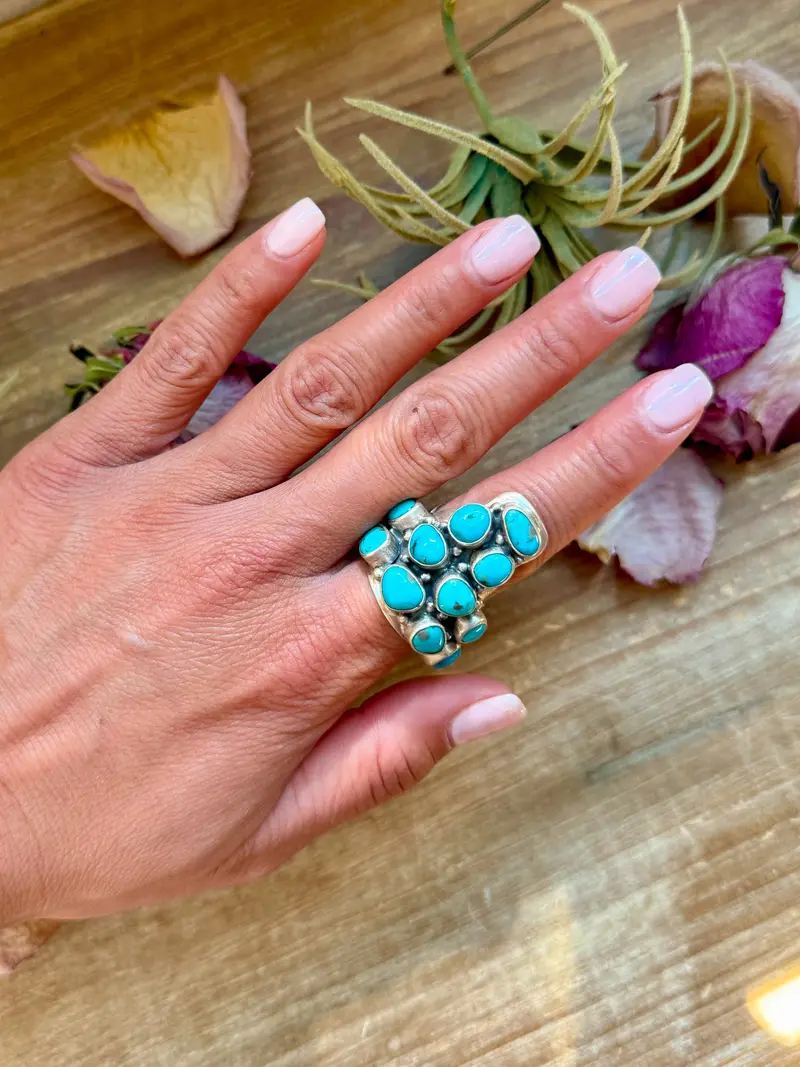 Kingman Turquoise Longhorn Sterling Silver Ring – Adjustable (Fits 8+) 1