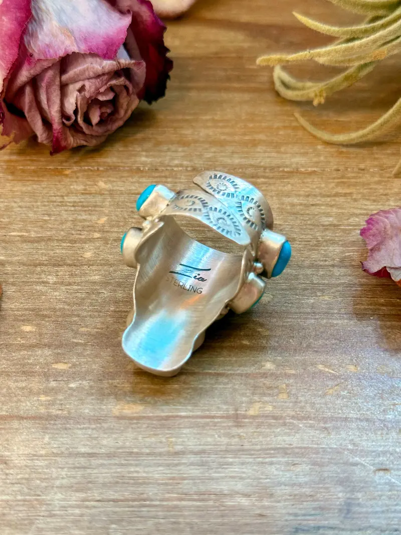 Kingman Turquoise Longhorn Sterling Silver Ring – Adjustable (Fits 8+) 2