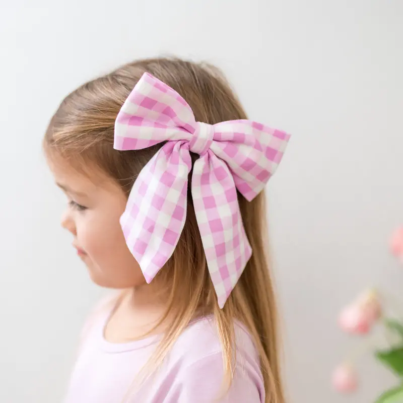 Large Alligator Clip Bow In Gingham Thistle 1