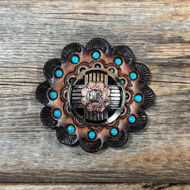 Leather Rosette Dark Oil Edges With Antique Silver And Copper Flower Western Concho R112w217s 1
