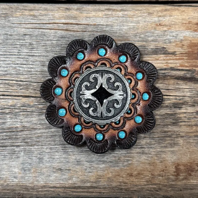 Leather Rosette Dark Oil Edges With Black Diamond Antique Silver Western Concho R112w213s 1