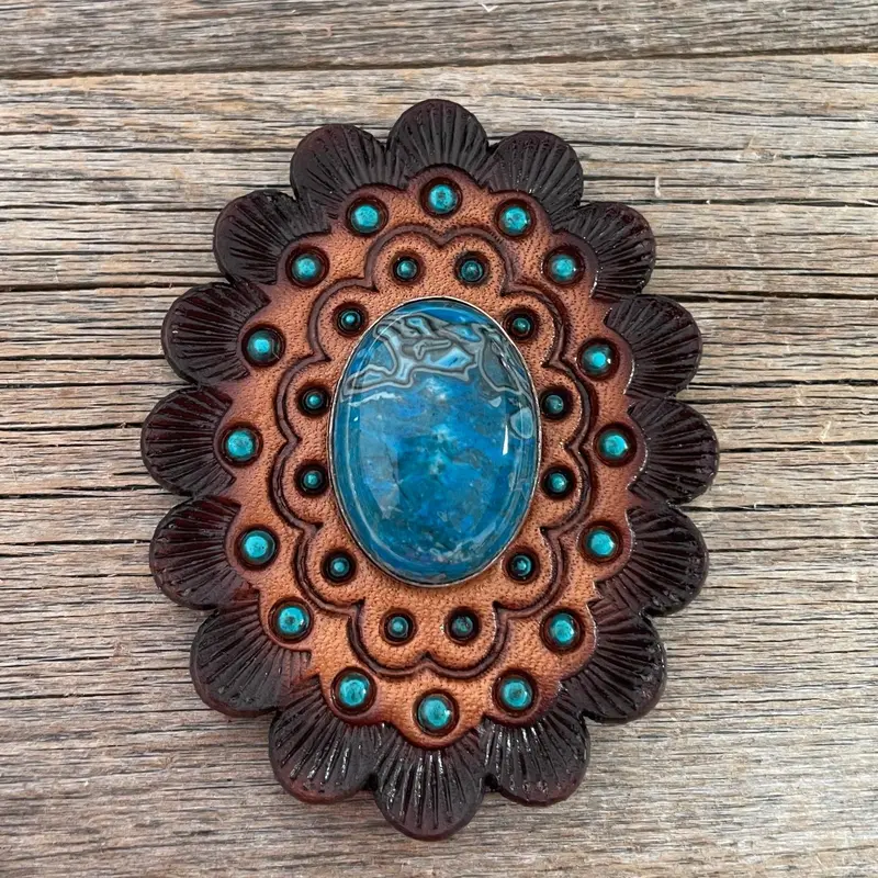 Leather Rosette Dark Oil Edges With Blue Cabochon Western Concho R104cabbl 1