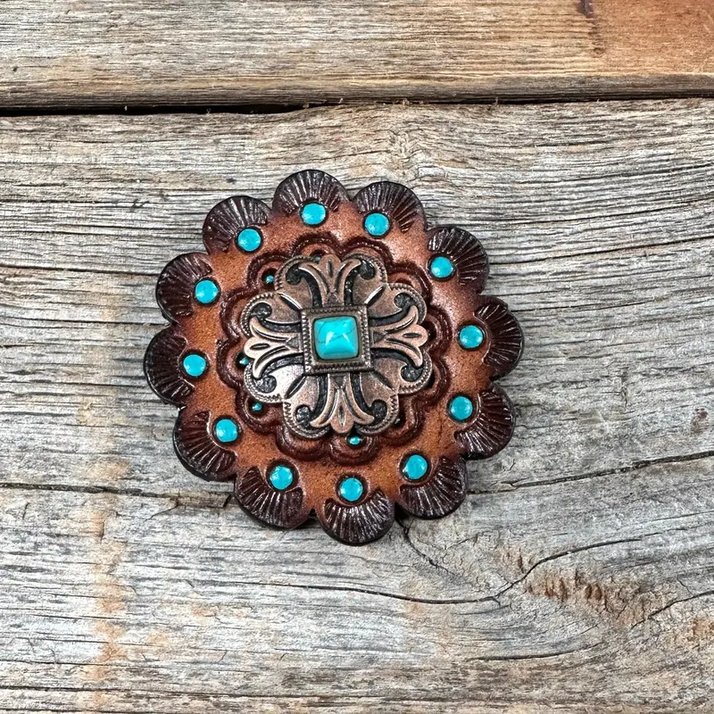 Leather Rosette Dark Oil Edges With Copper Fleur-De-Lis Western Concho R112w141s 1