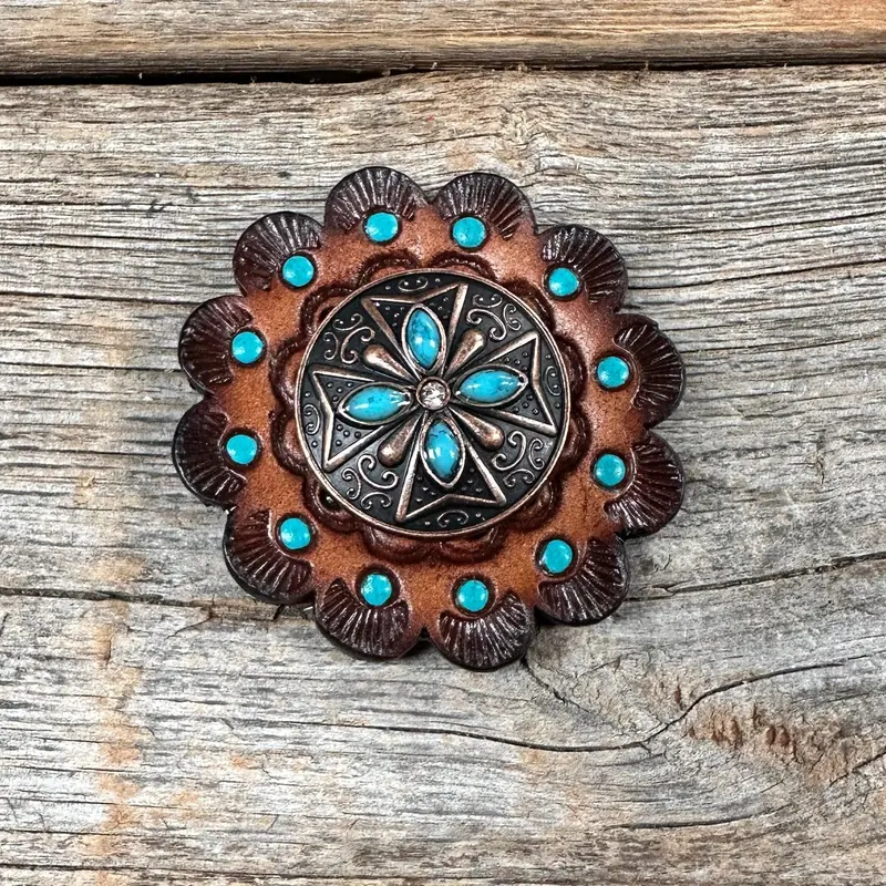 Leather Rosette Dark Oil Edges With Copper Turquoise Western Concho R112w138s 1