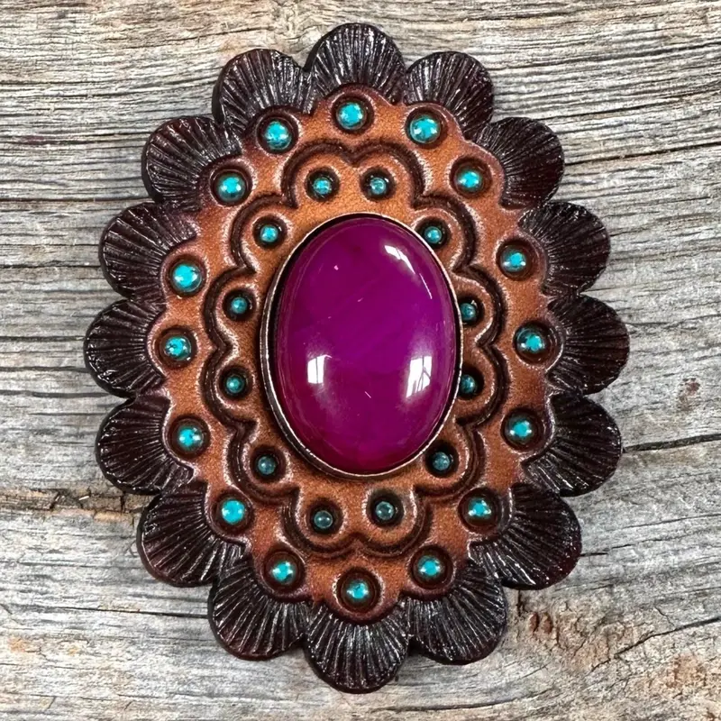 Leather Rosette Dark Oil Edges With Fuchsia Cabochon Western Concho R104cabfu 1