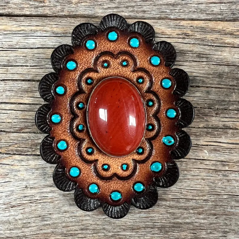 Leather Rosette Dark Oil Edges With Rust Cabochon Western Concho R104cabru 1