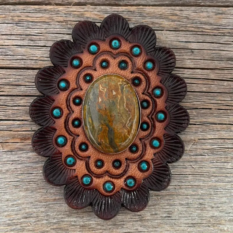 Leather Rosette Dark Oil Edges With Sage Cabochon Western Concho R104cabsg 1