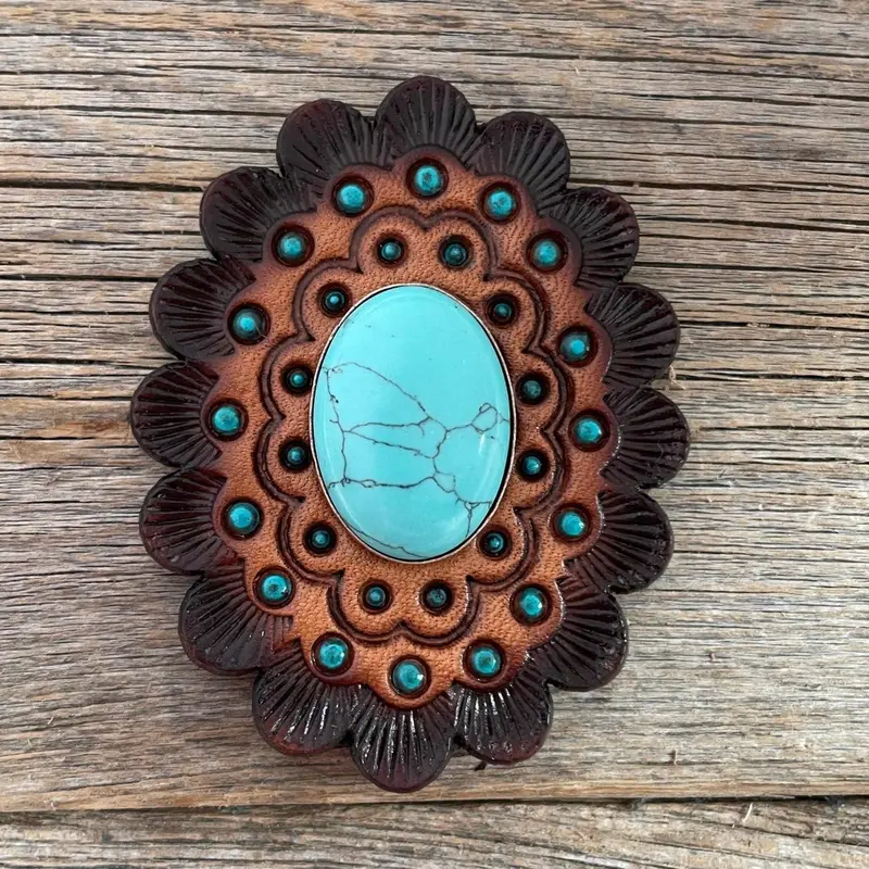 Leather Rosette Dark Oil Edges With Turquoise Cabochon Western Concho R104cabtq 1