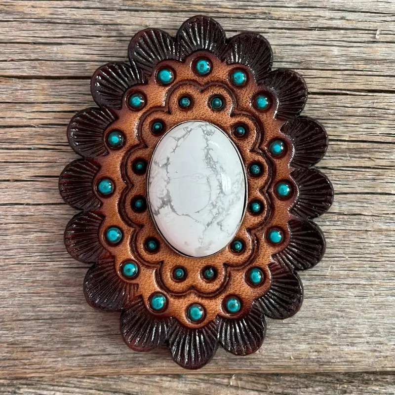 Leather Rosette Dark Oil Edges With White Cabochon Western Concho R104cabwt 1