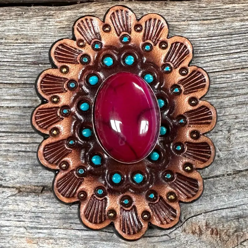 Leather Rosette Medium Oil Edges With Fuchsia Cabochon Western Concho R107cabfu 1