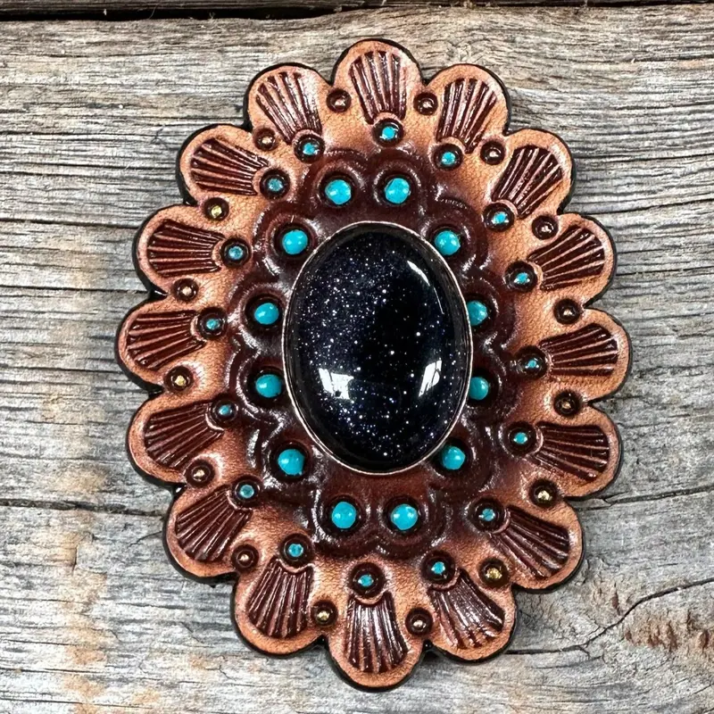 Leather Rosette Medium Oil Edges With Lapis Cabochon Western Concho R107cabla 1