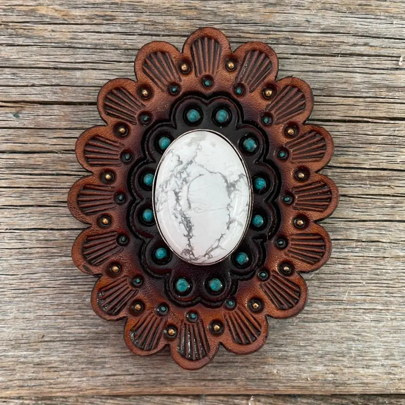 Leather Rosette Medium Oil Edges With White Cabochon Western Concho R107cabwt 1