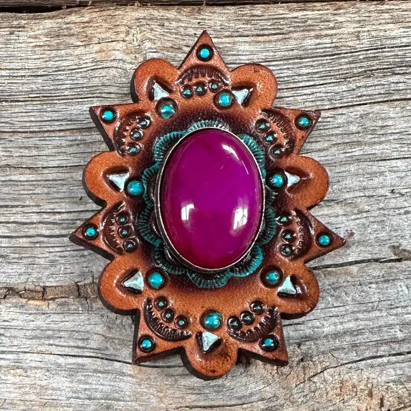 Leather Rosette Starburst - Fuchsia Cabochon Western Concho R110cabfu 1