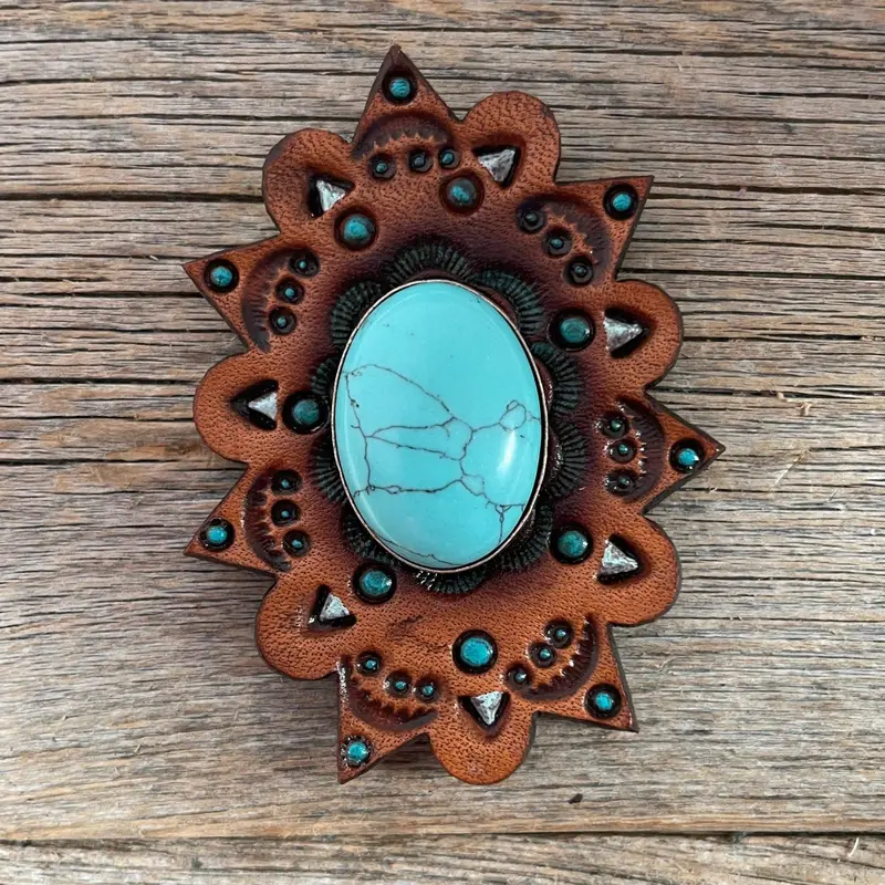 Leather Rosette Starburst - Turquoise Cabochon Western Concho R110cabtq 1