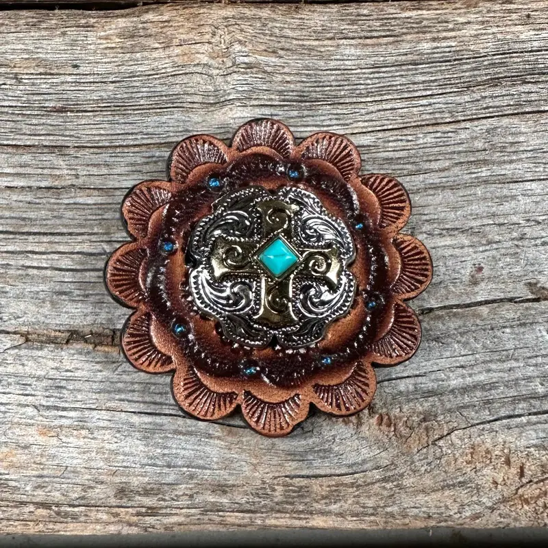 Leather Rosette With Antique Silver And Gold Cross Western Concho R111w189s 1