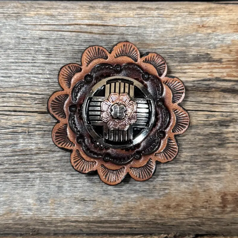 Leather Rosette With Antique Silver With Copper Flower Western Concho R111w217s 1