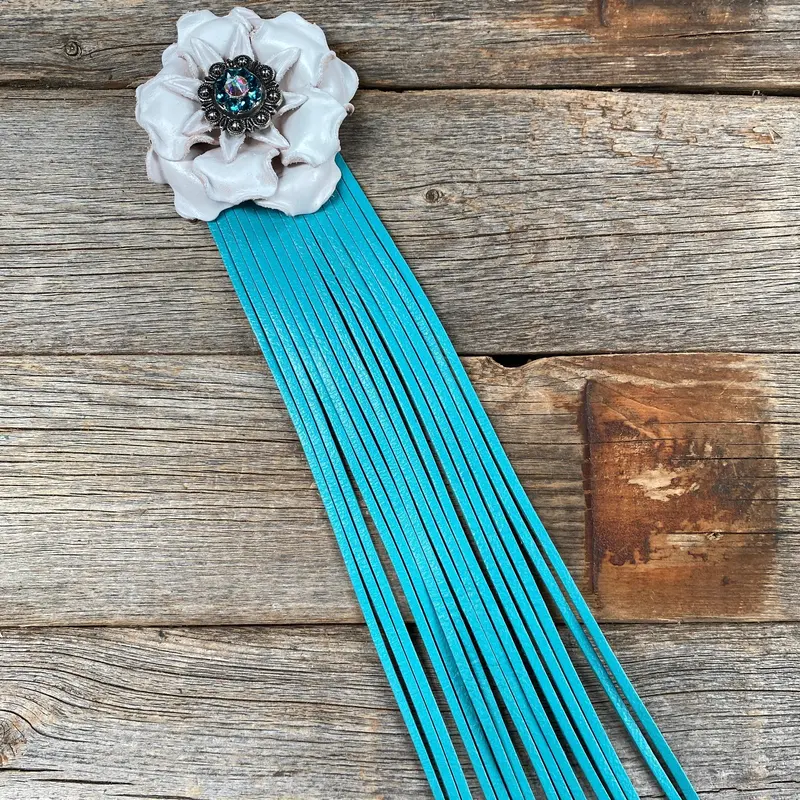 Leather White Gardenia With Turquoise Fringe 1