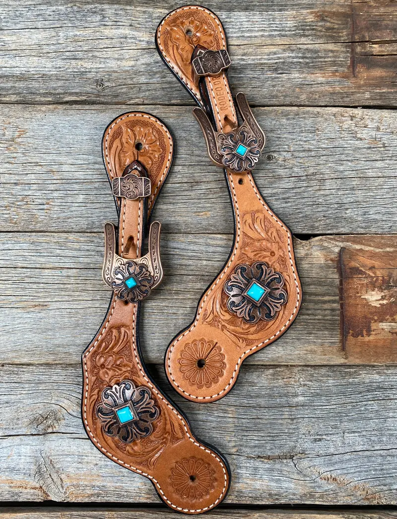 Light Floral Spur Straps - Copper Fleur-De-Lis Western Conchos #Ss114 1