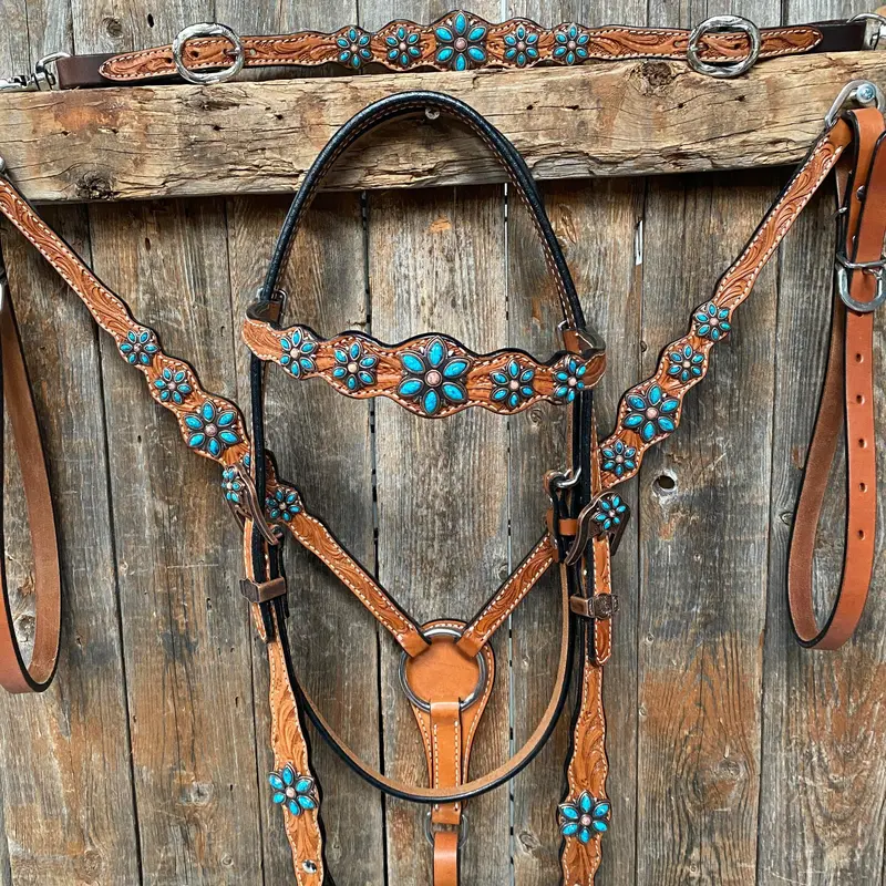 Light Floral Turquoise Browband/One Ear Tack Set With Wither Strap  #Bbbc469 1