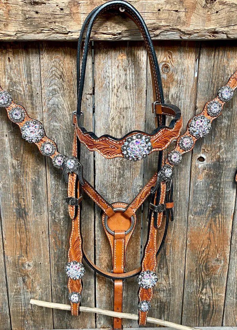 Light Oil And Antique Silver Browband & Breastcollar Tack Set #Bbbc431 1