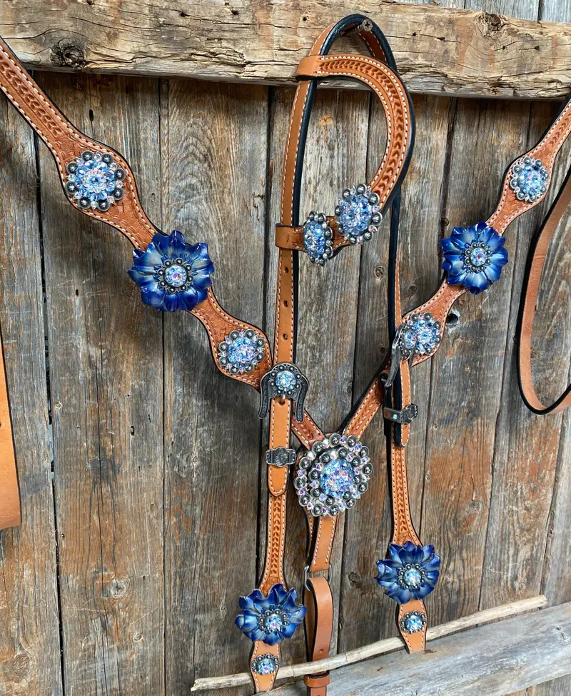 Light Oil Basketweave Blue Wither Strap, One Ear & Breastcollar Tack Set #Oebc438 2