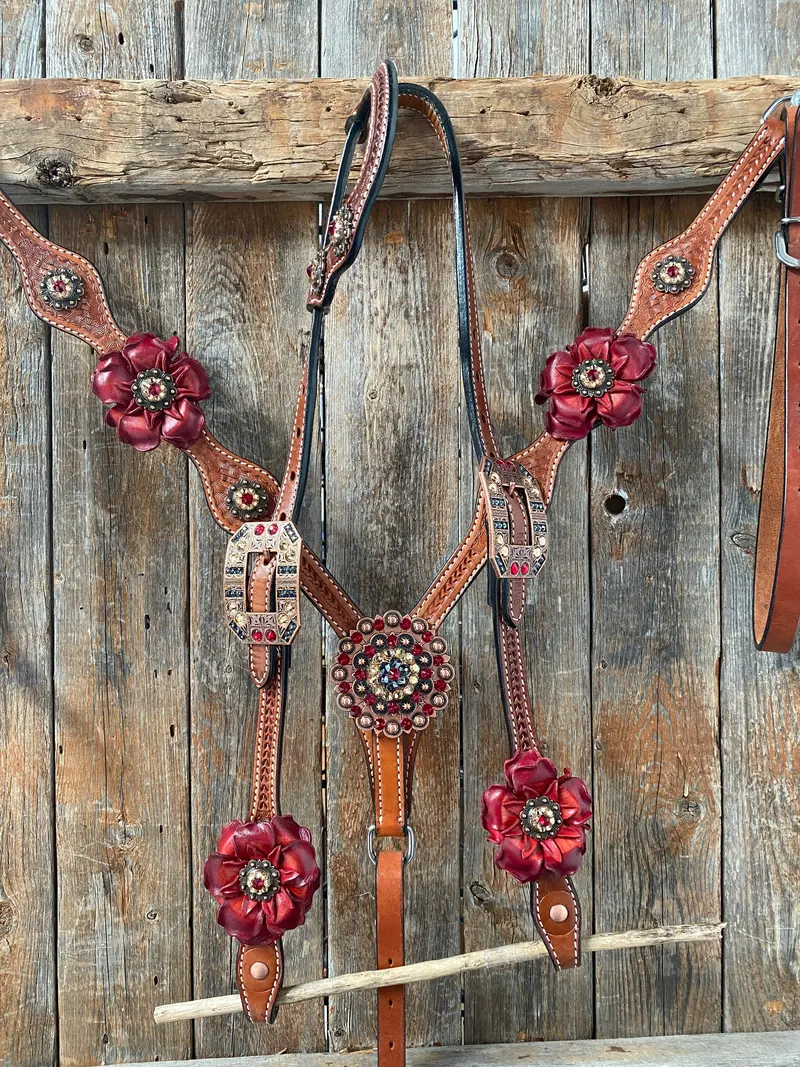 Light Oil Basketweave Champagne And Red One Ear & Breastcollar Tack Set #Oebc432 1