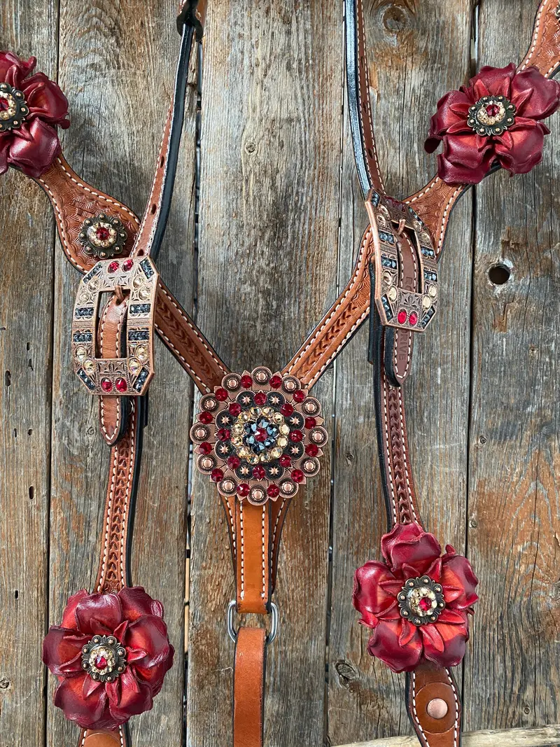 Light Oil Basketweave Champagne And Red One Ear & Breastcollar Tack Set #Oebc432 2