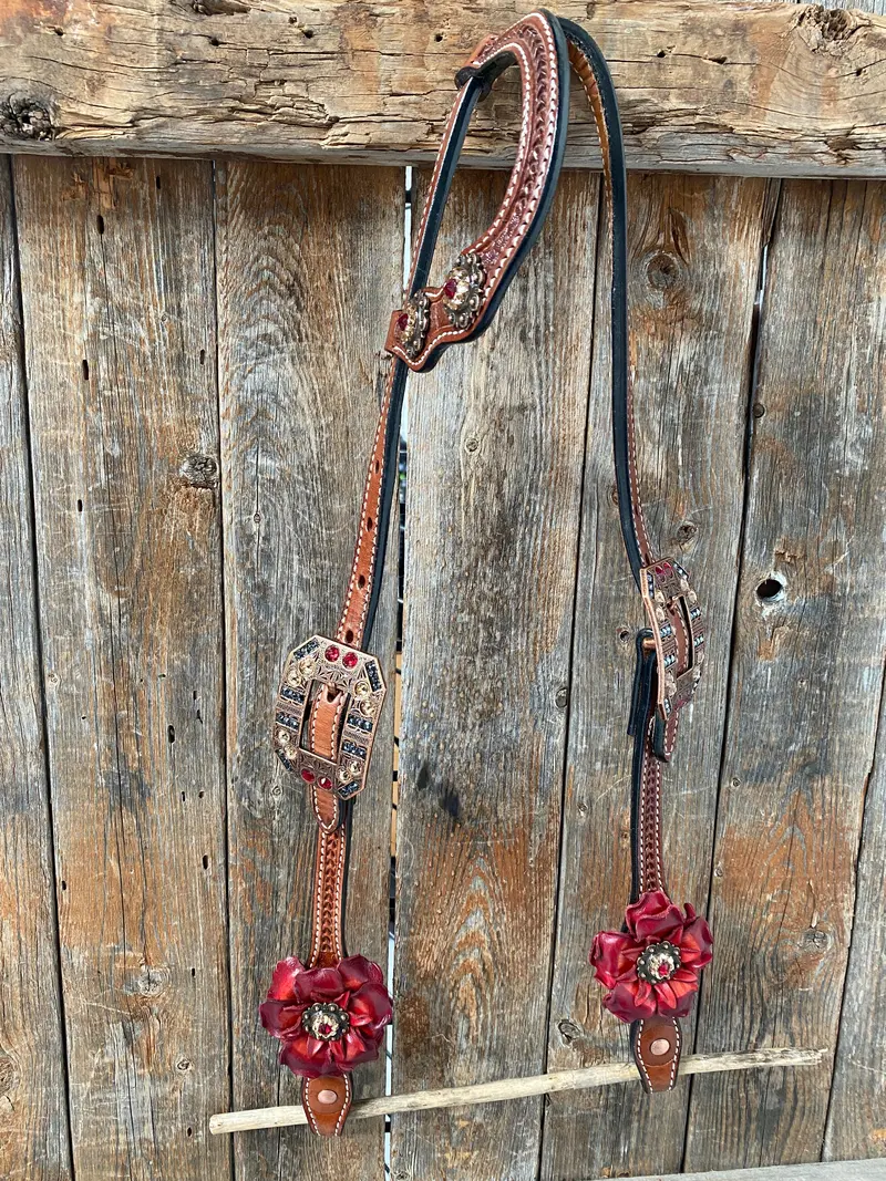 Light Oil Basketweave Champagne And Red One Ear & Breastcollar Tack Set #Oebc432 2