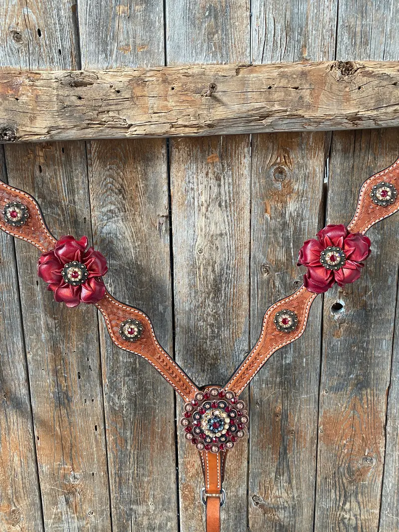 Light Oil Basketweave Champagne And Red One Ear & Breastcollar Tack Set #Oebc432 3