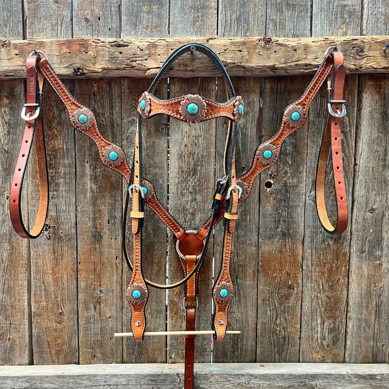 Light Oil Basketweave Copper And Turquoise Browband/One Ear Tack Set  #Bbbc625 1