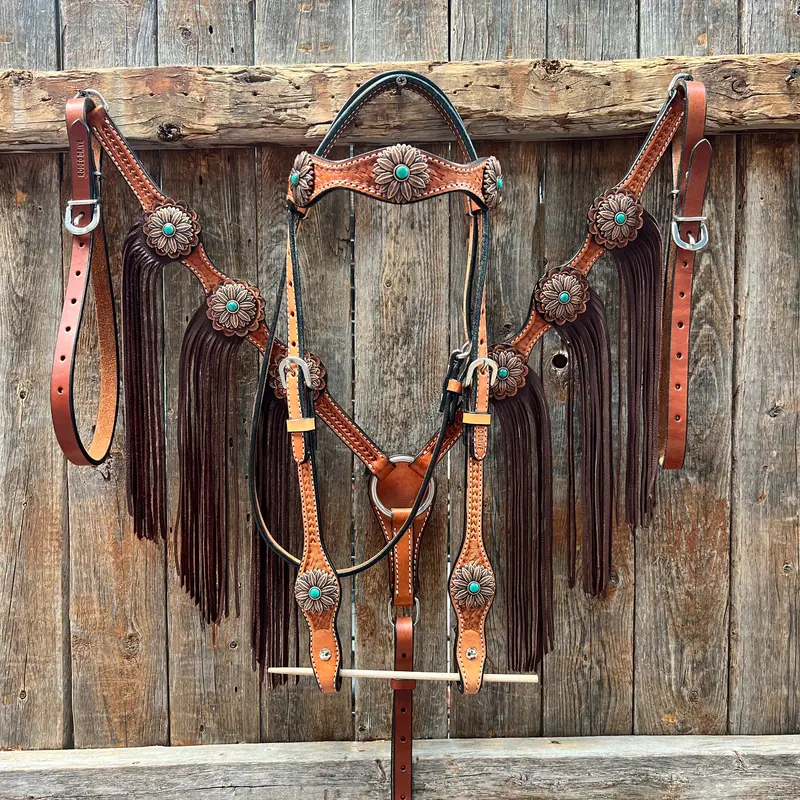 Light Oil Basketweave Copper Flower Browband/One Ear Tack Set  #Bbbc620 1