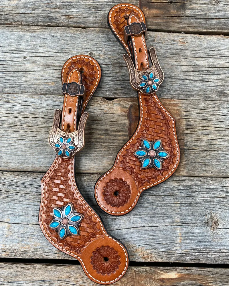 Light Oil Basketweave Spur Straps - Copper Floral Conchos #Ss101 1