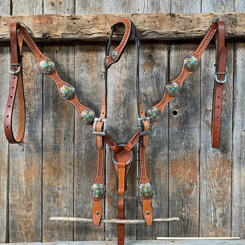 Light Oil Basketweave Turquoise And Cross One Ear Tack Set  #Oebc659 1