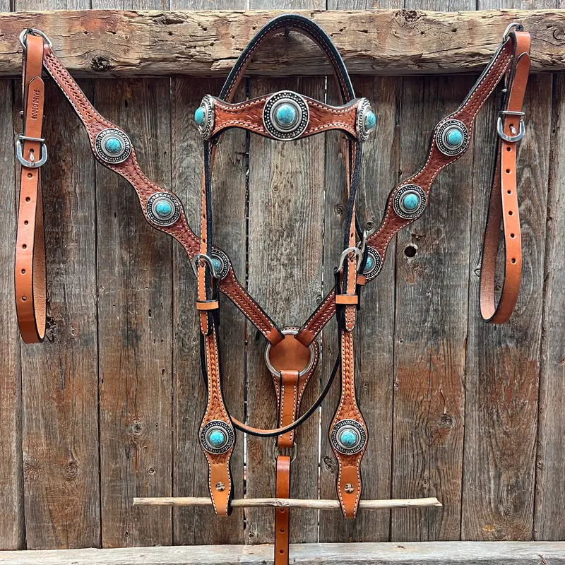 Light Oil Basketweave Turquoise And Dots Browband/One Ear Tack Set  #Bbbc639 1