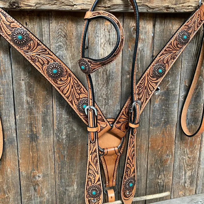 Light Oil Buckaroo Roper Flower Turquoise Browband/One Ear & Breastcollar Tack Set #Oebc459 1