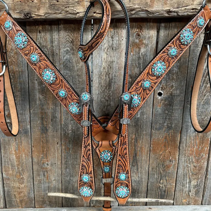 Light Oil Buckaroo Roper Turquoise And Ab One Ear & Breastcollar Tack Set #Oebc559 1