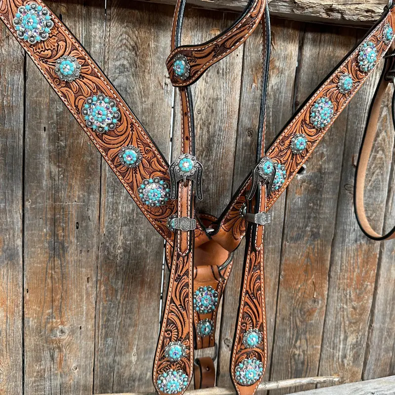 Light Oil Buckaroo Roper Turquoise And Ab One Ear & Breastcollar Tack Set #Oebc559 2