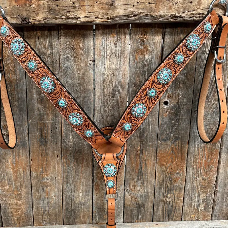 Light Oil Buckaroo Roper Turquoise And Ab One Ear & Breastcollar Tack Set #Oebc559 3