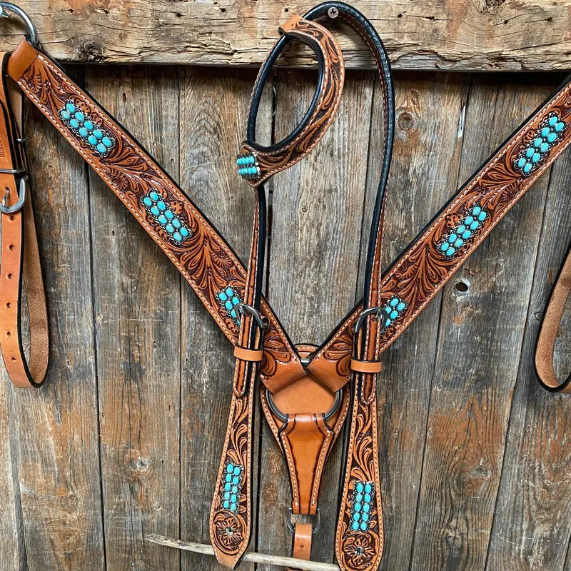 Light Oil Buckaroo Roper Turquoise One Ear & Breastcollar Tack Set #Oebc446 1