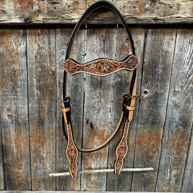 Light Oil Floral And Teal Dot Browband Headstall / Bridle #24337L 1