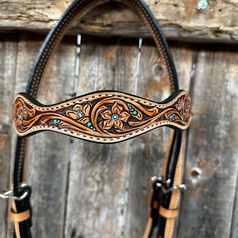 Light Oil Floral And Teal Dot Browband Headstall / Bridle #24337L 2