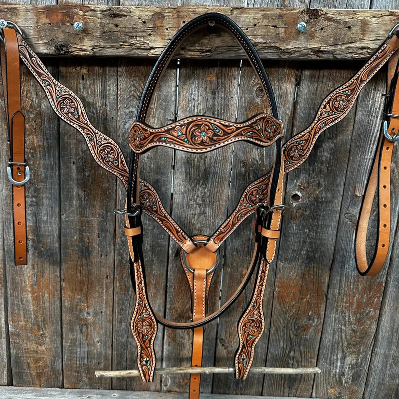 Light Oil Floral And Teal Dot Browband / One Ear Headstall And Breastcollar Tack Sets 1