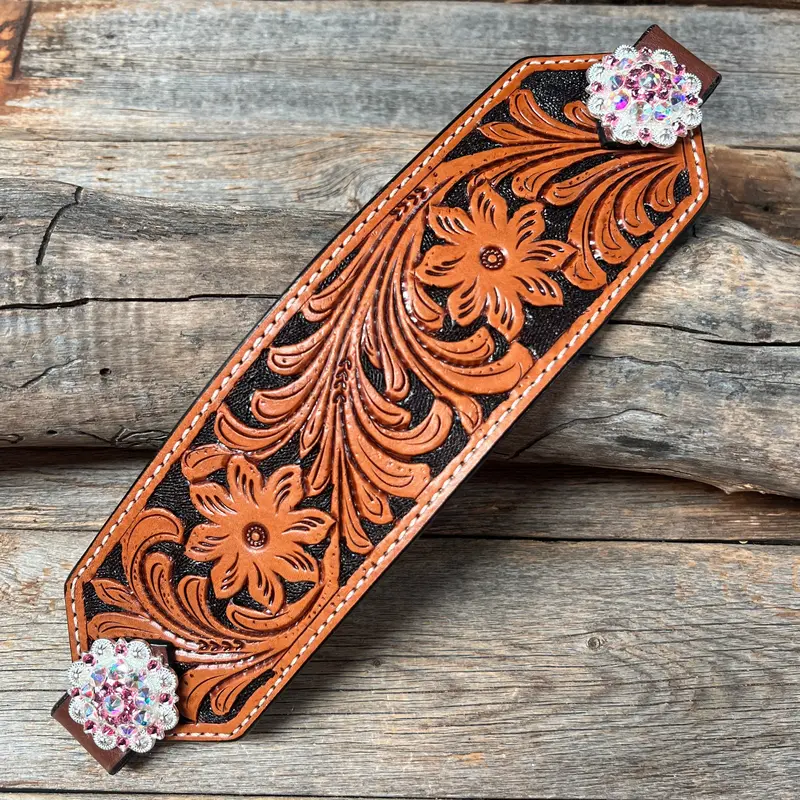 Light Oil Floral Bronc Noseband With Bright Silver Conchos 1